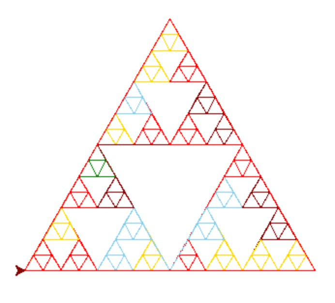 Sierpiński triangle drawn in random colours, lower depth